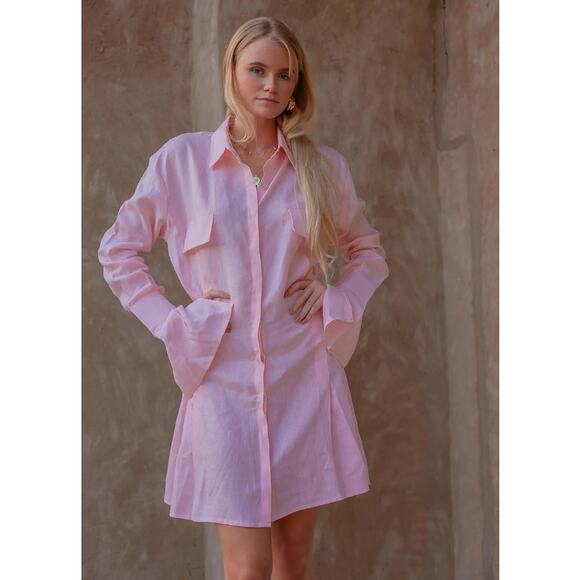 Palm Collective Mila Shirt Dress Linen Light Pink Size X-Small - Picture 13 of 15